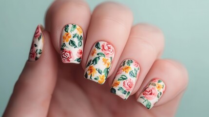 A hand displays beautifully manicured nails adorned with colorful floral designs against a soft green background.
