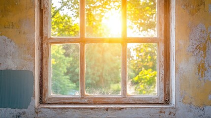 Lead paint being stripped from a window frame, with the sun shining through the glass, highlighting the restoration work