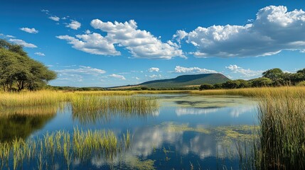 Fototapeta premium A tranquil African wetland with tall reeds and water reflections, leaving space for copy.