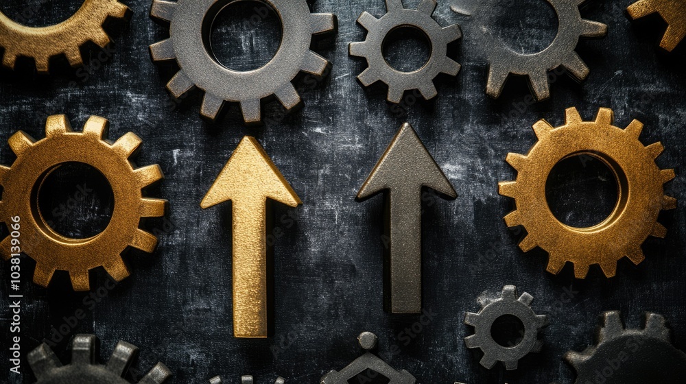 Poster modern design of gears and arrows pointing up, illustrating business development and forward-thinkin