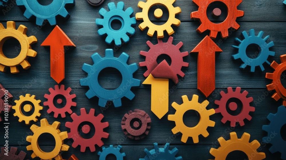 Poster modern design of gears and arrows pointing up, illustrating business development and forward-thinkin