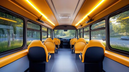 Fototapeta premium Minimalistic school bus interior with sleek seat rows and open space, highlighting clean lines and modern design elements.