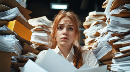 Stressed businesswoman surrounded by a mountain of documents in a cluttered office during a busy workday