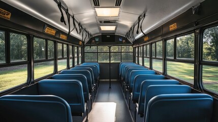 Obraz premium Minimalistic school bus interior with sleek seat rows and open space, highlighting clean lines and modern design elements.