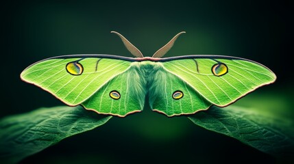 Close-up of a vibrant green moth resting on green leaves, isolated nature focus.
