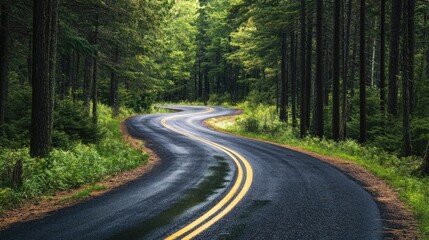 Fototapeta premium A winding road through a dense North American pine forest, leaving room for copy.