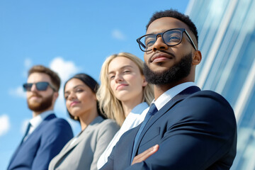 A team of young business leaders in suits stand side by side, gazing upward with a sense of confidence and success.
