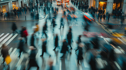 Blurred image of people crossing a city street, captured with a slow shutter speed to create a sense of motion and energy.