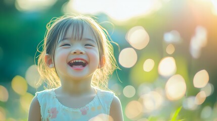 Fototapeta premium Infectious laughter, a young girl's joyful moment in vibrant green field