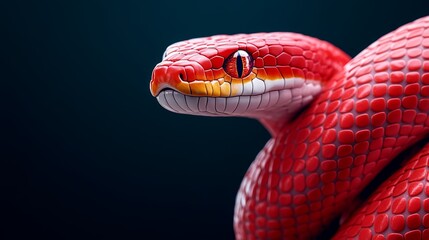 Close-up of a vibrant red snake on a dark background, showcasing its scales.