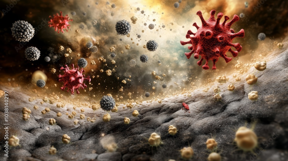 Poster a detailed depiction of viruses and microorganisms suspended in a dark, textured environment, showca