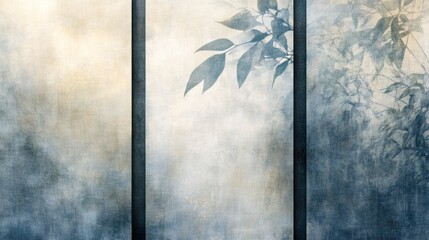 Fototapeta premium A serene, textured panel featuring subtle leaves against a misty backdrop, capturing a tranquil, nature-inspired atmosphere.