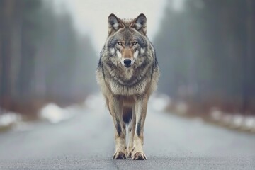 Fototapeta premium The wolf stands in the middle of the asphalt road and stops the car. The scene captures a moment of wildlife interaction in an urban setting with an empty road