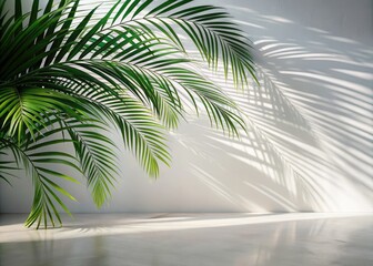 Palm tree leaves create intricate shadows on a white wall and floor, blending aesthetic minimalism with the serene beauty of nature in natural sunlight.