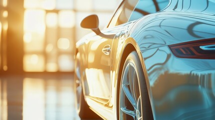 Vibrant blue car gleaming under studio lights showcasing its polished exterior 
