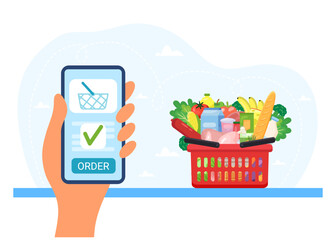 Order grocery online. Order with smartphone and pay with credit card. Cart with different groceries. Vector illustration in flat style