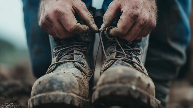 Laborer Lacing Up Work Boots in Close Up Focus on Hands and Footwear