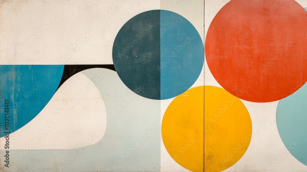 Poster a vibrant abstract composition featuring geometric shapes, including circles and curves in various c