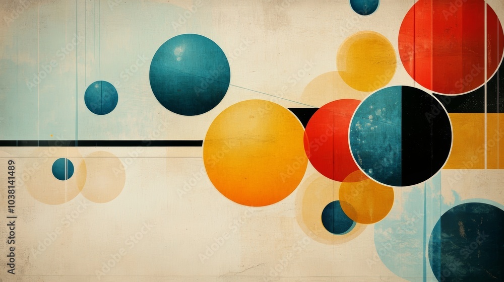 Poster abstract art featuring colorful circles on a textured background, combining a retro aesthetic with v