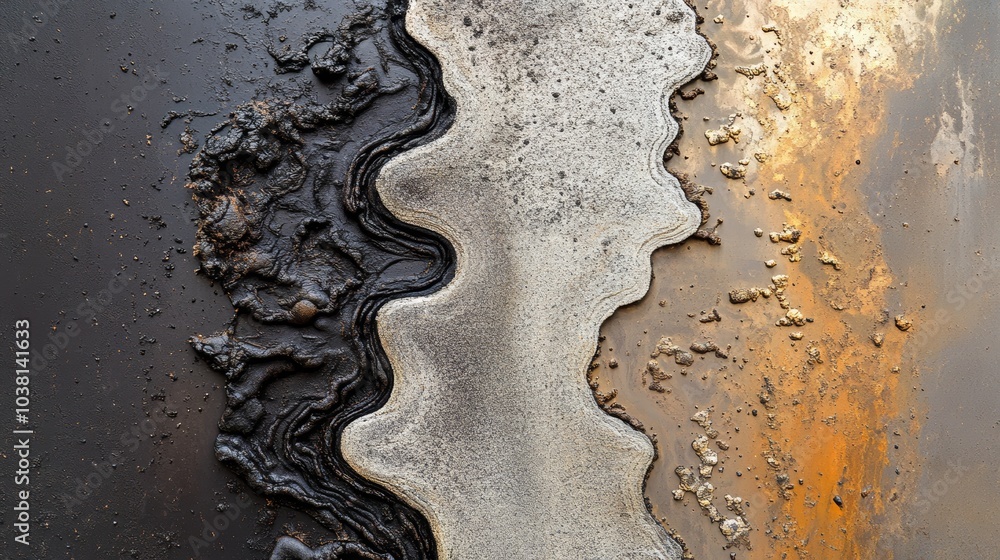 Poster an abstract image showcasing contrasting textures and colors—dark, rough surfaces blend with smooth,
