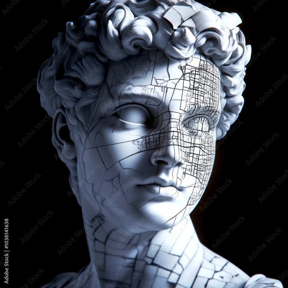 Poster This image features a stunning sculpture inspired by classical art. It showcases a face with intricate patterns. The style is modern and abstract. Perfect for art lovers. AI