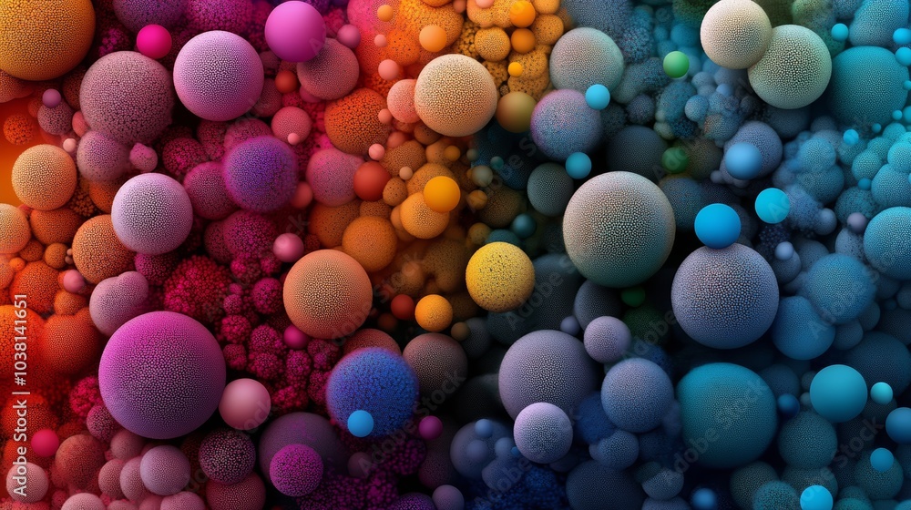 Poster a vibrant, abstract composition of colorful spheres in various sizes, creating a visually striking a