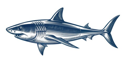 Fototapeta premium Shark hand-drawn logo perfect for minimalist designs. Isolated vector illustration ideal for labels, badges, T-shirts, and creative projects. Stylish, unique, and versatile graphic option.