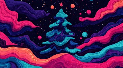 Psychedelic Christmas Scene with Melting Candy Canes in Swirling Abstraction