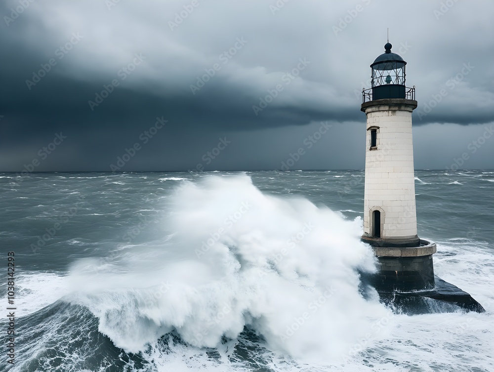 Poster stormy seascape with lighthouse and high waves