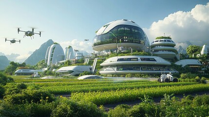 Obraz premium Futuristic eco-friendly buildings in lush green landscape.