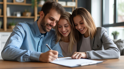 Fototapeta premium Three adults signing a document.