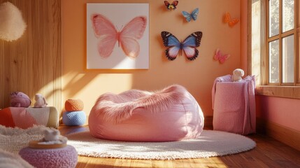 Relaxing corner with a pink beanbag and fur blanket, surrounded by butterfly art on the walls, wooden flooring, and soft pastel-colored accents.