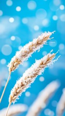 Naklejka premium Close-up of frosted grass against a blue bokeh background.