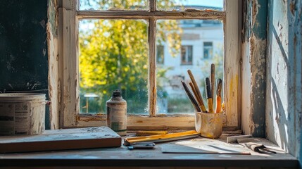 Renovation process of removing lead paint from an old window on a sunny day, with tools and safety equipment visible