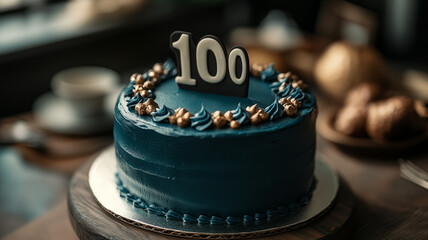 Blue cake with '100' topper, celebrating a milestone.