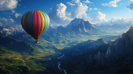 A detailed Full HD image of a person perched in a vibrant hot air balloon, gazing out over a spectacular vista filled with mountains, valleys, and rivers, representing the beauty of our planet