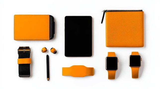 Orange Tech Accessories Flat Lay: A vibrant flat lay featuring a collection of stylish orange tech accessories. The image highlights the latest gadgets and devices, including a tablet, smartwatch.