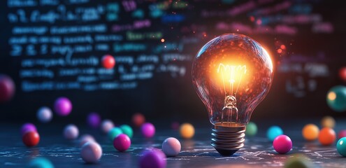 Brightly Glowing Light Bulb Surrounded by Colorful Marbles Against a Blurred Blackboard Filled with Equations, Symbolizing Innovation and Inspiration in Art and Science