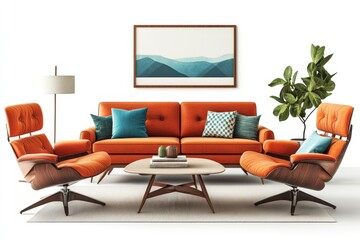 Fototapeta premium Modern Mid Century Living Room Interior Design with Orange Sofa Armchairs and Coffee Tab