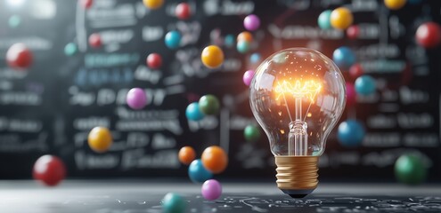 Brightly Glowing Light Bulb Surrounded by Colorful Marbles Against a Blurred Blackboard Filled with Equations, Symbolizing Innovation and Inspiration in Art and Science