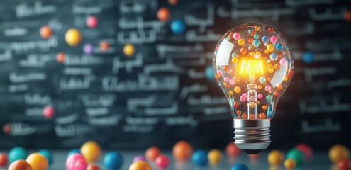 Brightly Glowing Light Bulb Surrounded by Colorful Marbles Against a Blurred Blackboard Filled with Equations, Symbolizing Innovation and Inspiration in Art and Science