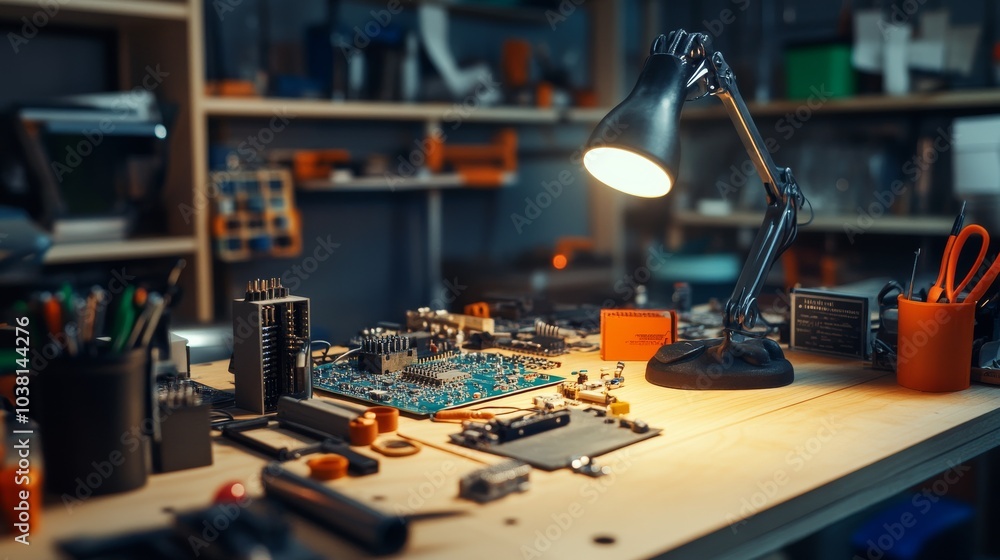 Poster A bright DIY electronics workspace with various tools, Soldering iron and circuit boards set up neatly, Modern tech style