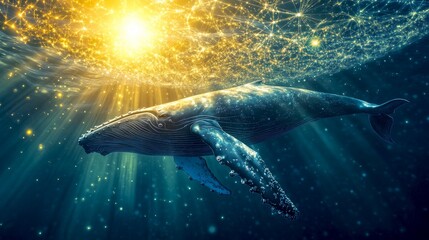 Fototapeta premium A magnificent whale swims gracefully underwater. The warm sunlight filters through the water creating a magical atmosphere. This captivating image illustrates ocean life in stunning detail. AI