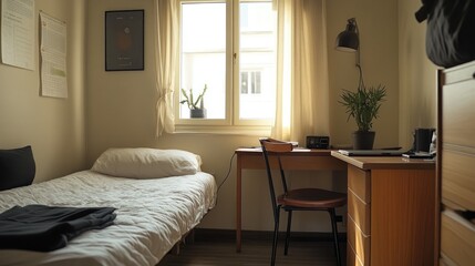 Small hotel room with a single bed, a modest desk, and a few minimal decorations, ideal for a short stay