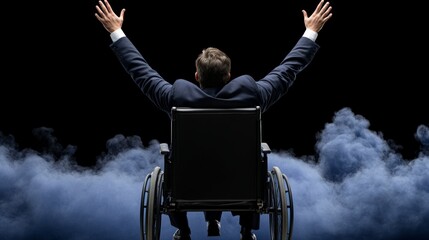 Triumphant Spirit:  A man in a wheelchair, arms raised in victory,  stands against a backdrop of swirling smoke, symbolizing his resilience and unwavering determination.