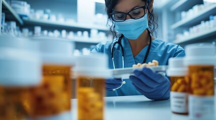Magazine-Style Shot of a Healthcare Worker Preparing Medication at a Hospital Pharmacy, Organizing Pill Bottles and Prescriptions in a Modern Medical Environment, Emphasizing Precision and Professiona