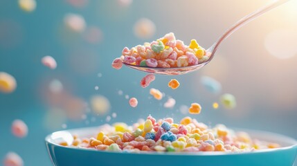 Spoon with colorful cereal pieces raised above a full bowl, shot in mid-air, with a soft-focus background for emphasis.