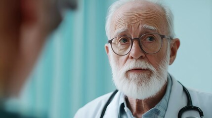 Editorial Photograph of an Elderly Patient Consulting with a Doctor During a Routine Check-Up, Engaged in a Focused Conversation in a Bright and Professional Clinic Environment, Highlighting Trust and
