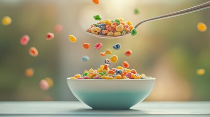 Spoon with colorful cereal pieces raised above a full bowl, shot in mid-air, with a soft-focus background for emphasis.