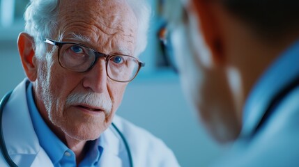 Editorial Photograph of an Elderly Patient Consulting with a Doctor During a Routine Check-Up, Engaged in a Focused Conversation in a Bright and Professional Clinic Environment, Highlighting Trust and